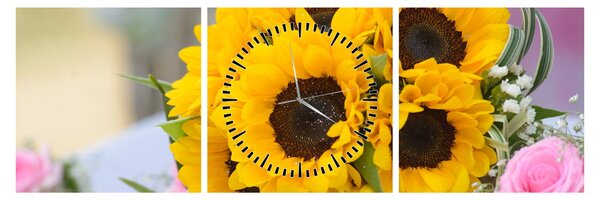 Tablou cu buchetul miresii de floarea soarelui (cu ceas) (90x30 cm)
