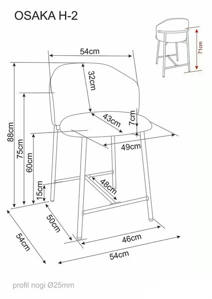 Scaun bar OSAKA H-2, bej deschis/nuc, stofă/metal, 54x43x88 cm