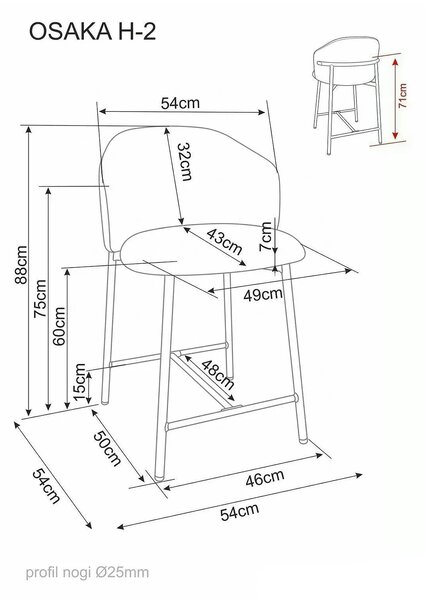 Scaun bar OSAKA H-2, gri/negru, stofă/metal, 54x43x88 cm