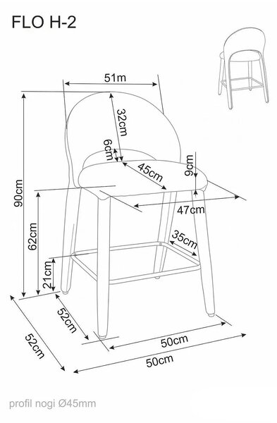 Scaun bar FLO H-2, bej, stofă/metal, 50x45x90 cm