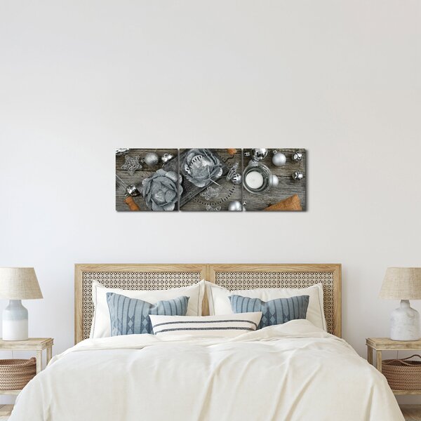 Tablou - decorațiuni argintii de Crăciun (cu ceas) (90x30 cm)