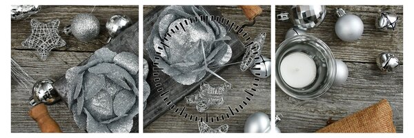 Tablou - decorațiuni argintii de Crăciun (cu ceas) (90x30 cm)