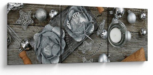 Tablou - decorațiuni argintii de Crăciun (cu ceas) (90x30 cm)