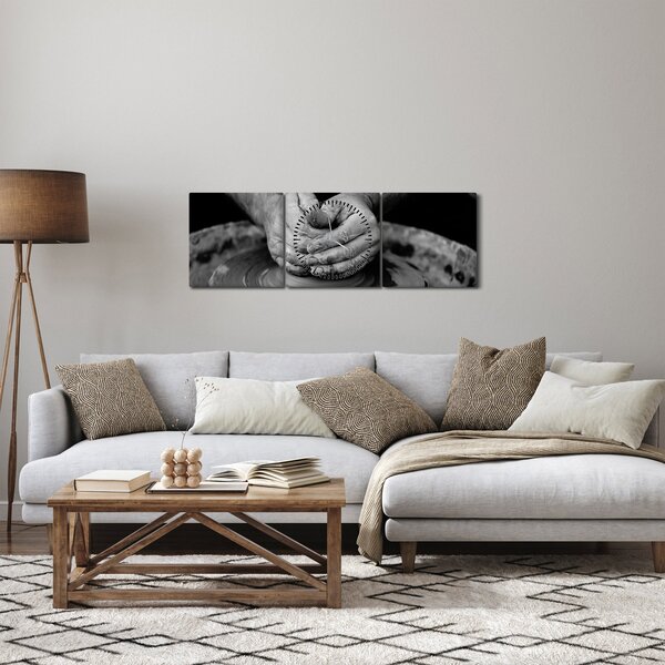 Tablou alb negru - producția de ceramică (cu ceas) (90x30 cm)