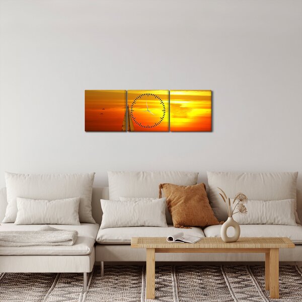 Tablou cu apus de soare și iaht (cu ceas) (90x30 cm)