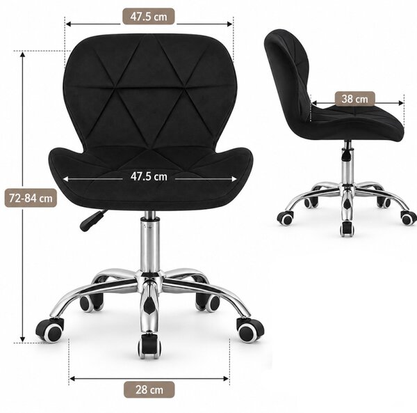 Scaun de birou tapitat, rotativ, stil scandinav, reglare inaltime 72-84 cm, latime 47.5 cm, catifea neagra