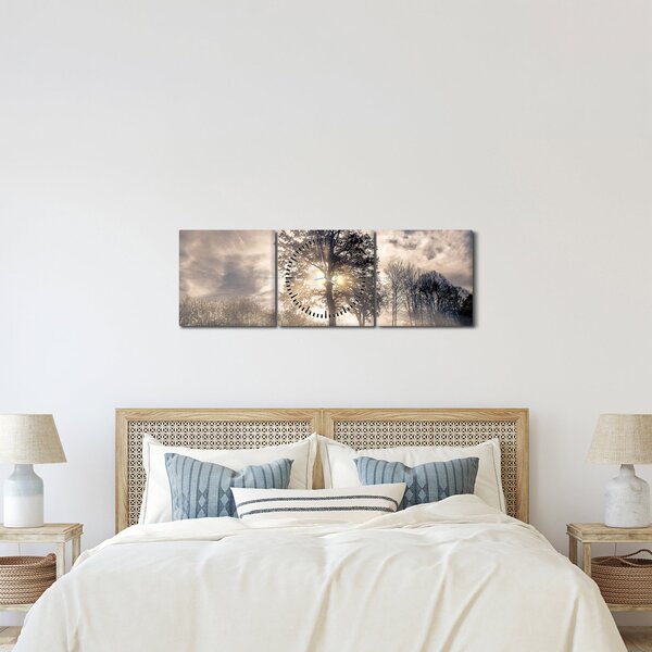 Tablou cu copac în ceață (cu ceas) (90x30 cm)