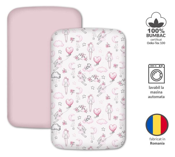 Set 2 cearceafuri din bumbac cu elastic roata pentru patut cosleeper 90x50 cm Kidizi, Fairy Clouds