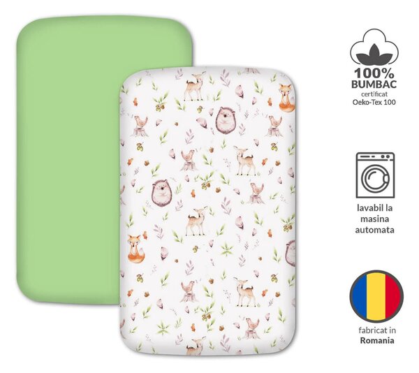 Set 2 cearceafuri din bumbac cu elastic roata pentru patut cosleeper 90x50 cm Kidizi, Forest Joy