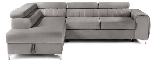Colțar Extensibil TIME, cu lada depozitare, tetiere reglabile, 285x220x95 cm, Gri-Silver-Velluto / Stanga