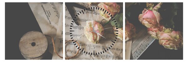 Tablou cu note muzicale și trandafiri (cu ceas) (90x30 cm)
