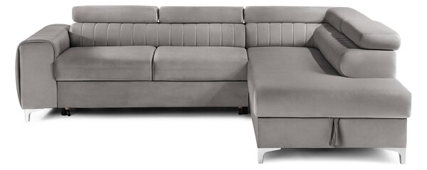 Colțar Extensibil TIME, cu lada depozitare, tetiere reglabile, 285x220x95 cm, Gri-Silver-Velluto / Stanga