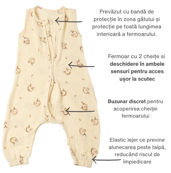 Sac de dormit cu picioare de vara 6-18 luni pentru bebelusi si copii, muselina dubla din bumbac 100%, 0.3 TOG, Kidizi Unicorn Tales