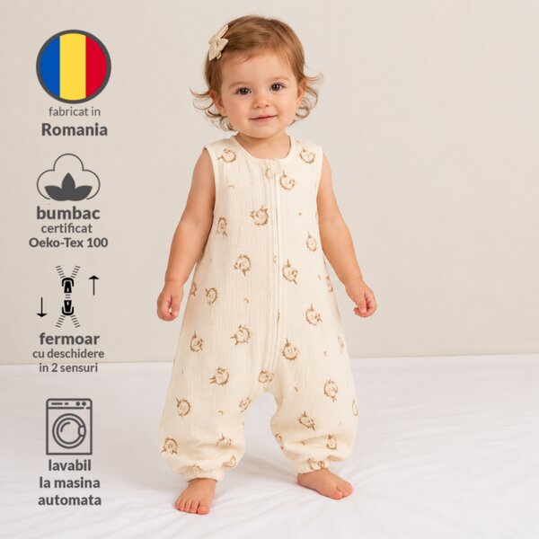 Sac de dormit cu picioare de vara 6-18 luni pentru bebelusi si copii, muselina dubla din bumbac 100%, 0.3 TOG, Kidizi Unicorn Tales