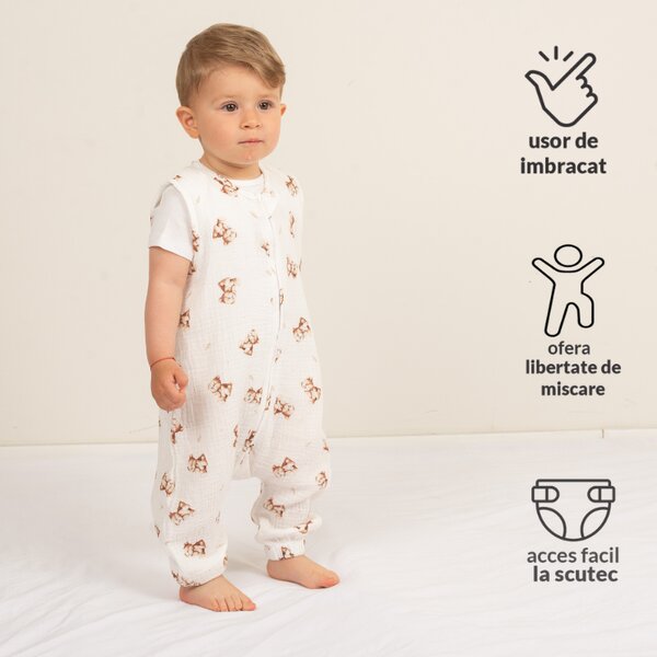 Sac de dormit cu picioare de vara 6-18 luni pentru bebelusi si copii, muselina dubla din bumbac 100%, 0.3 TOG, Kidizi Teddy Tales
