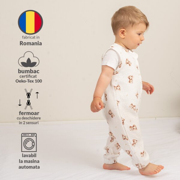 Sac de dormit cu picioare de vara 6-18 luni pentru bebelusi si copii, muselina dubla din bumbac 100%, 0.3 TOG, Kidizi Teddy Tales