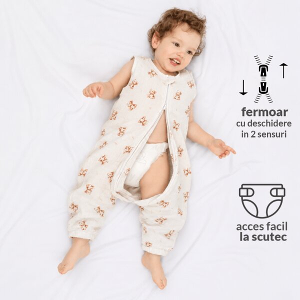 Sac de dormit cu picioare de vara 18-36 luni pentru bebelusi si copii, muselina dubla din bumbac 100%, 0.3 TOG, Kidizi Teddy Tales