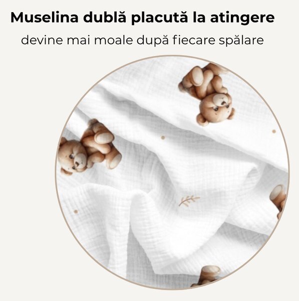 Sac de dormit de vara pentru copii 18-36 luni Kidizi Teddy Tales, muselina dubla bumbac 100%, 0.3 TOG, respirabil si usor