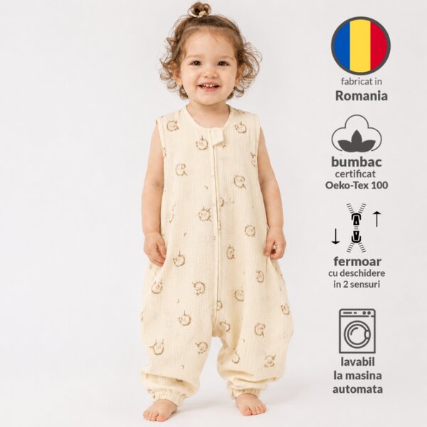 Sac de dormit cu picioare de vara 18-36 luni pentru bebelusi si copii, muselina dubla din bumbac 100%, 0.3 TOG, Kidizi UnicornTales