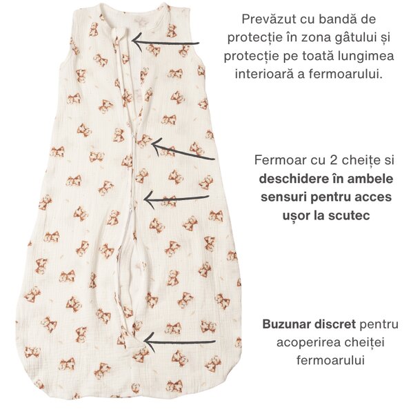 Sac de dormit de vara pentru copii 18-36 luni Kidizi Teddy Tales, muselina dubla bumbac 100%, 0.3 TOG, respirabil si usor