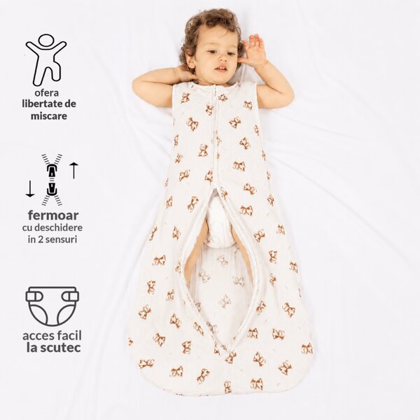Sac de dormit de vara pentru copii 18-36 luni Kidizi Teddy Tales, muselina dubla bumbac 100%, 0.3 TOG, respirabil si usor