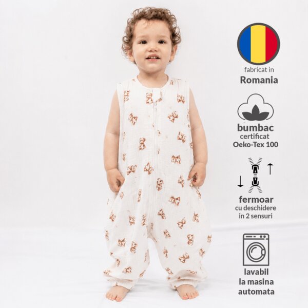 Sac de dormit cu picioare de vara 18-36 luni pentru bebelusi si copii, muselina dubla din bumbac 100%, 0.3 TOG, Kidizi Teddy Tales