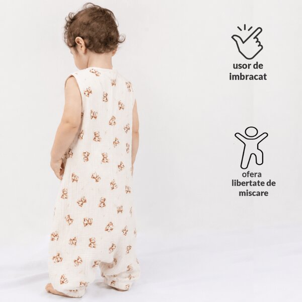 Sac de dormit cu picioare de vara 18-36 luni pentru bebelusi si copii, muselina dubla din bumbac 100%, 0.3 TOG, Kidizi Teddy Tales