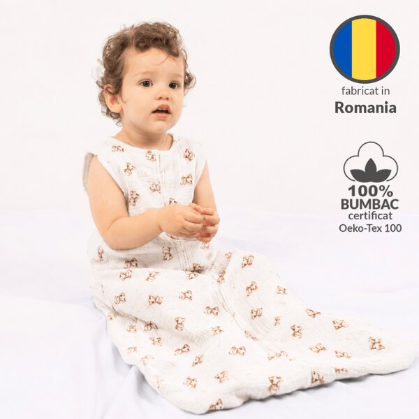 Sac de dormit de vara pentru copii 18-36 luni Kidizi Teddy Tales, muselina dubla bumbac 100%, 0.3 TOG, respirabil si usor
