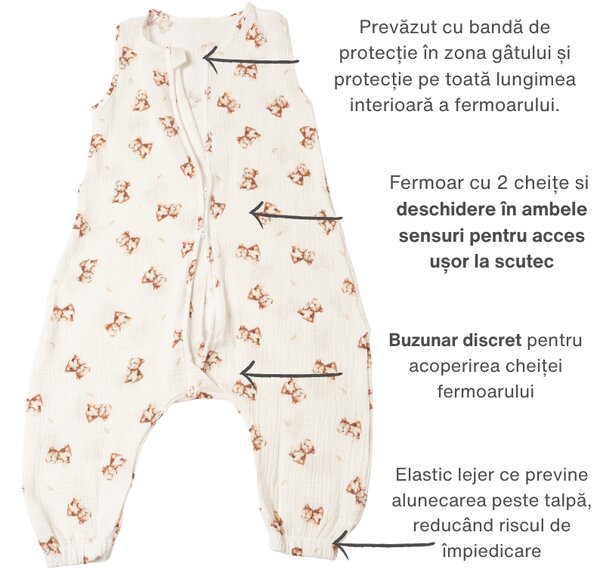 Sac de dormit cu picioare de vara 18-36 luni pentru bebelusi si copii, muselina dubla din bumbac 100%, 0.3 TOG, Kidizi Teddy Tales