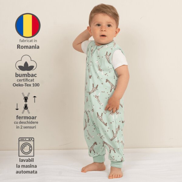 Sac de dormit cu picioare de vara 6-18 luni Kidizi Giraffe, 0.5 TOG, bumbac respirabil, mansete transformabile in soseta