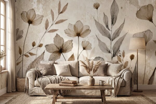 Tapet Flori de câmp delicate, pictate în acuarelă, într-o paletă de culori delicate, în nuanțe de bej și crem, Fototapet Acuarelă, w09875 : Uwalls.ro