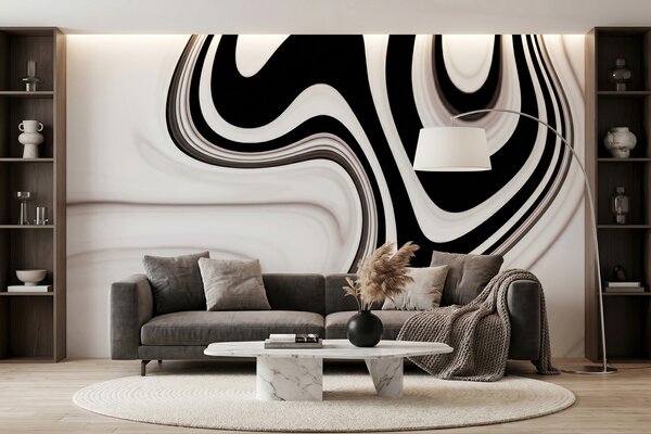 Tapet Fototapet abstract cu valuri curgătoare alb-negru, într-un stil modern minimalist, Imagini de fundal unice, w09877 : Uwalls.ro