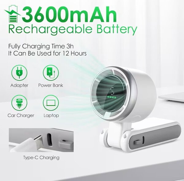 Ventilator portabil cu 5 viteze, 3600 mAh, 8 ore de racire