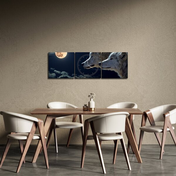 Tablou cu lupi în lună (cu ceas) (90x30 cm)