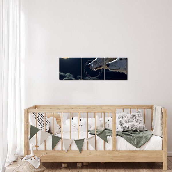Tablou cu lupi în lună (cu ceas) (90x30 cm)