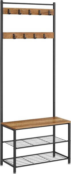 Cuier cu bancuta si suport pantofi Model Glenn, Maro Rustic/Negru, 70x32.5x175 cm