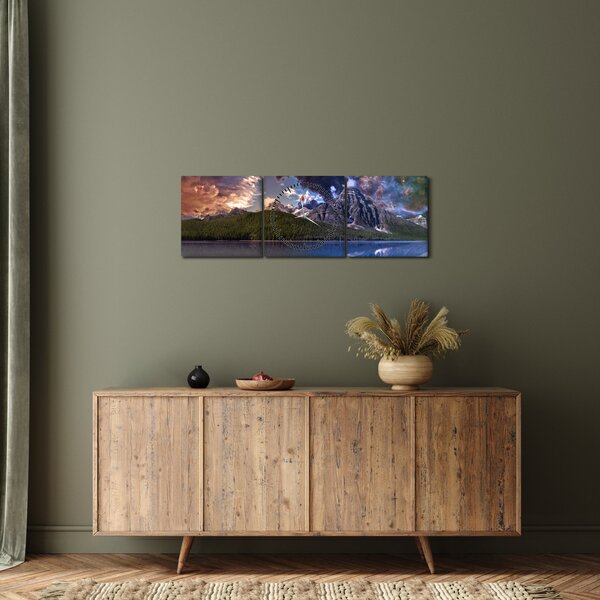 Tablou cu lac și munți (cu ceas) (90x30 cm)