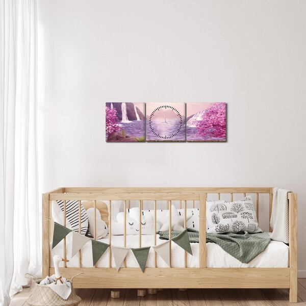 Tablou cu pomi roz cu lac (cu ceas) (90x30 cm)