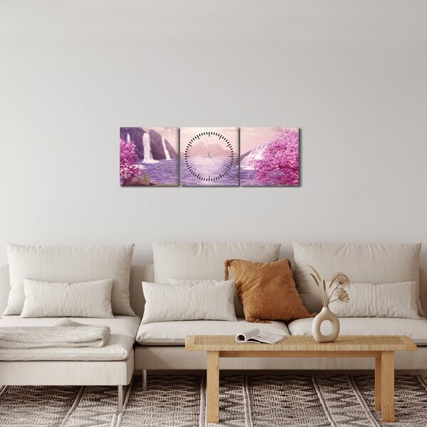 Tablou cu pomi roz cu lac (cu ceas) (90x30 cm)