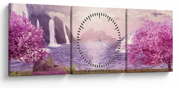 Tablou cu pomi roz cu lac (cu ceas) (90x30 cm)