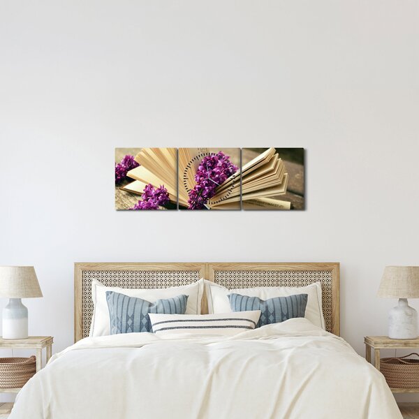Tablou cu carte și floare violetă (cu ceas) (90x30 cm)