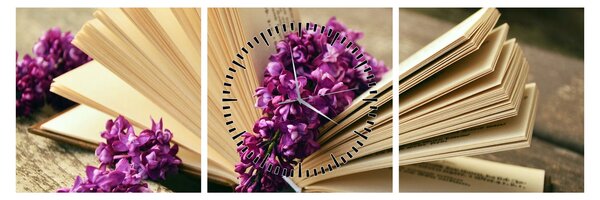 Tablou cu carte și floare violetă (cu ceas) (90x30 cm)