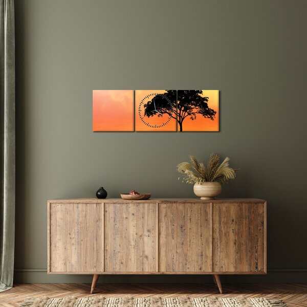 Tablou cu copac în apus de soare (cu ceas) (90x30 cm)