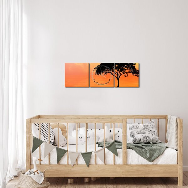 Tablou cu copac în apus de soare (cu ceas) (90x30 cm)