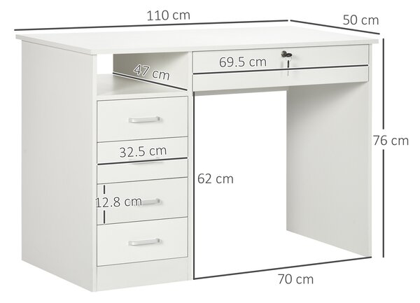 HOMCOM Masa de Birou din Lemn cu Compartiment Deschis, 5 Sertare și Decupaj pentru Cabluri, 110x50x76cm, Alb | Aosom Romania