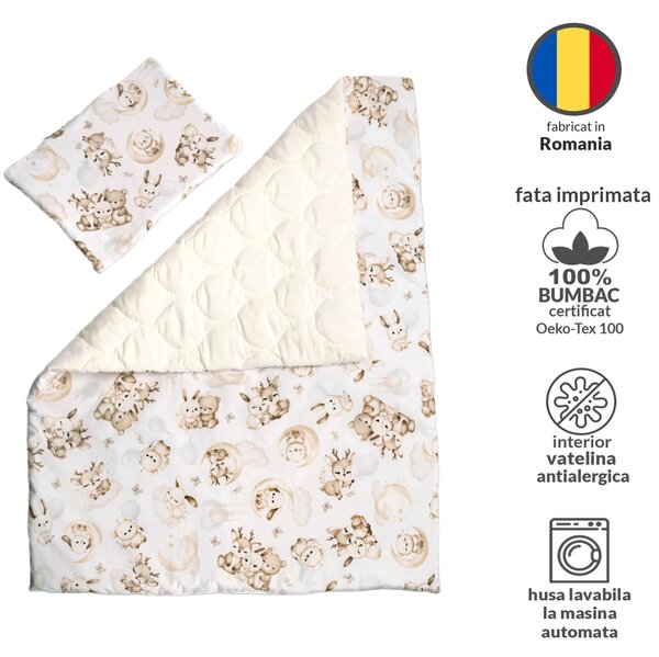 Set lenjerie matlasata 5 piese Kidizi Just Dreaming, include perna, plapumioara, cearceaf si 2 aparatori, culoare ecru