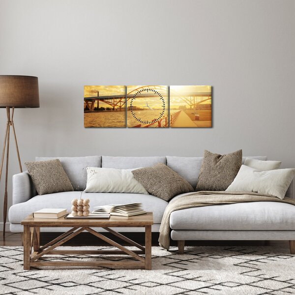 Tablou cu pod și apus de soare (cu ceas) (90x30 cm)