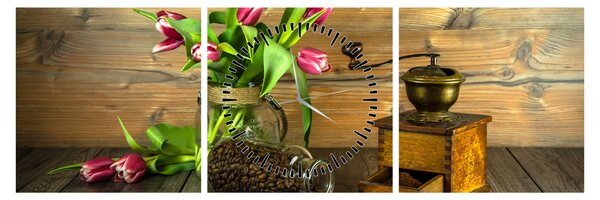 Tablou - lalele, râșniță și cafea (cu ceas) (90x30 cm)