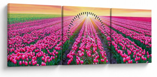 Tablou cu câmp de lalele cu soare (cu ceas) (90x30 cm)
