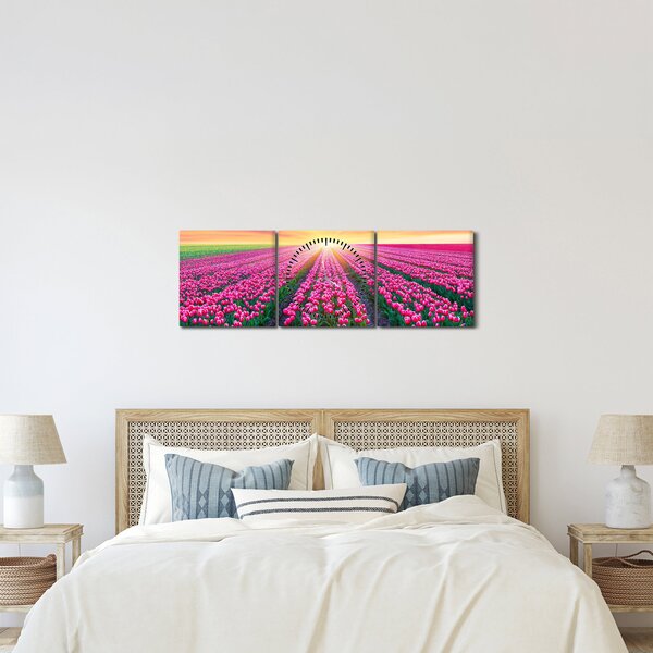 Tablou cu câmp de lalele cu soare (cu ceas) (90x30 cm)